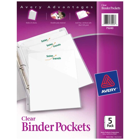 Avery Binder Pockets for 3 Ring Binders, Clear, for 8.5" x 11" Documents, Acid-Free and Archival-Safe, 15 Binder Folders Total (75296), Color: Clear | Michaels Avery Binder Pockets for 3 Ring Binders, Clear, for 8.5" x 11" Documents, Acid-Free and Archival-Safe, 15 Binder Folders Total (75296), Color: Clear | Michaels